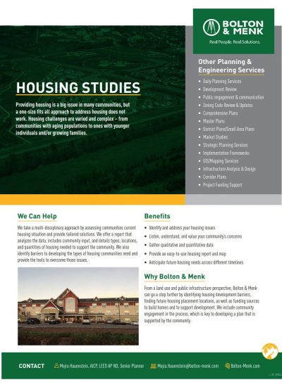 A Housing Studies flyer by Bolton & Menk, featuring text about housing challenges, the benefits of Housing Studies, services offered, and contact info. The layout includes green and gray sections with a photo of suburban houses at the top.