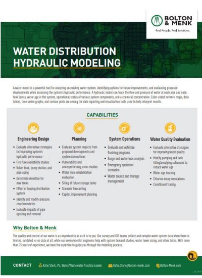 A flyer for Bolton & Menk’s Water Distribution Hydraulic Modeling services, highlighting engineering design, planning, system operations, and water quality evaluation—with contact info and key reasons to choose our Water Distribution Hydraulic Modeling experts.