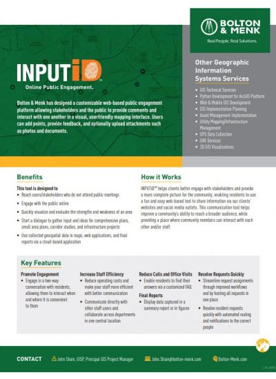 A marketing flyer for Bolton & Menk’s INPUTiD public engagement platform, highlighting its benefits, features, and contact info, with green accents and company branding at the top right corner.