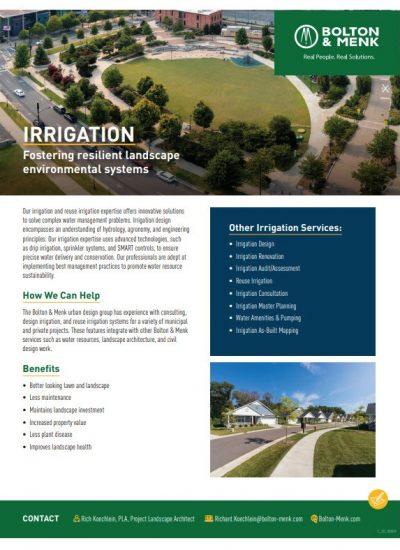 A marketing flyer for Bolton & Menks irrigation services highlights expert Irrigation Design, with aerial and ground images of landscaped areas, a list of services, benefits, contact info, and strong company branding.