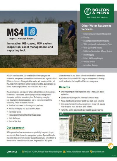 A promotional flyer for Bolton & Menk’s MS4i—an innovative, GIS-based MS4 system inspection and reporting tool featuring MS4iD. It lists features, their approach, contact info, related water resources services, and images of staff in the field.