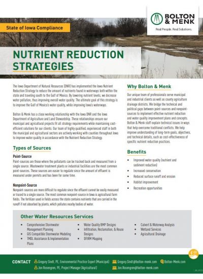 An informational flyer titled Nutrient Reduction Strategies from Bolton & Menk highlights nutrient reduction strategies benefits, types of sources, contact info, and water resource services, with green and yellow accents and the State of Iowa Compliance logo.