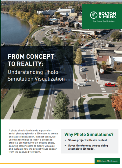 An informational flyer from Bolton & Menk about Photo Simulation Visualizations, featuring an aerial image of a developed street with added 3D model elements and key points on the benefits of photo simulation visualizations.