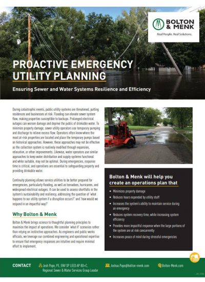 A flyer from Bolton & Menk titled "Proactive Emergency Utility Planning: Ensuring Sewer and Water Systems Resilience and Efficiency." The flyer features a large image of a flooded area with downed power lines, a smaller image of utility workers operating equipment, and text emphasizing the importance of emergency planning for public utility systems.