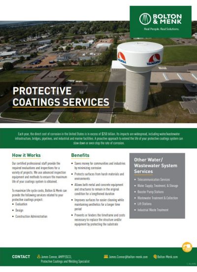 A promotional flyer for Bolton & Menk's Protective Coatings Services. It features an aerial view of a water tower and nearby facilities. The flyer includes the company logo, a description of protective coatings services, a list of benefits such as corrosion prevention and improved safety, and contact information for a specialist.