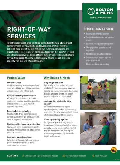 A flyer for Bolton & Menk’s Right-Of-Way Services, featuring a photo of two workers in safety gear reviewing documents outdoors and details on services like permitting, easement acquisition, and utility coordination.