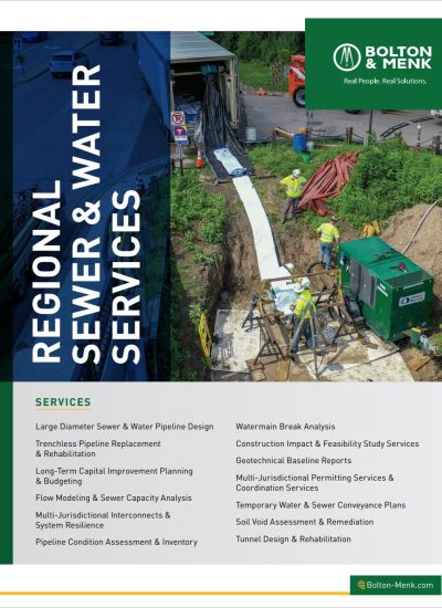 A Bolton & Menk flyer titled Regional Sewer & Water Services showcases a photo of workers in a trench, highlighting Regional Sewer & Water expertise and listing engineering and consulting services for water and sewer systems.