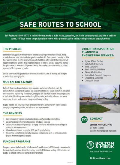 A green and white informational flyer titled “Safe Routes to School” explains the importance of safe walking and biking routes for students, with sections about the Safe Routes to School program, solutions, and Bolton & Menk’s services and contact details.