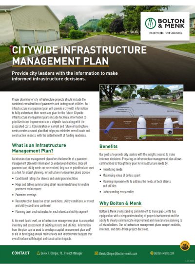 A flyer titled Citywide Infrastructure Management Plan features an aerial image of suburban streets and homes, a close-up of a sewer cover, and highlights the Citywide Infrastructure Management Plan’s benefits with contact information for Bolton & Menk.