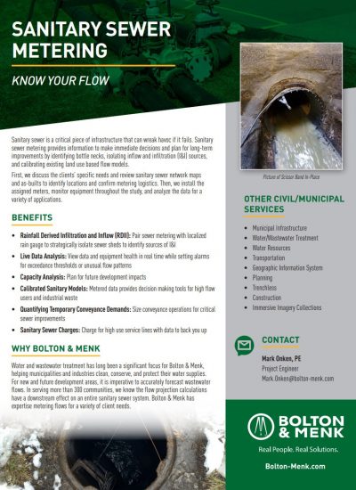 A flyer for Sanitary Sewer Metering features a sewer pipe opening, highlights Sanitary Sewer Metering benefits and services offered, plus Bolton & Menk contact info—all with a clean green and white color scheme.
