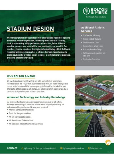 A flyer for Bolton & Menk’s Stadium Design services, featuring a photo of a sports field, company branding, service offerings, contact info, and key benefits of their stadium design and athletic facility planning expertise.
