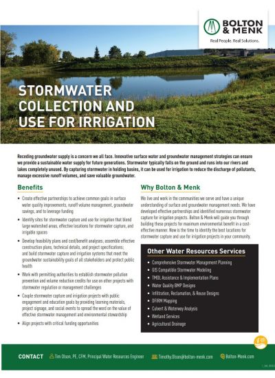 A flyer for Bolton & Menk about Stormwater Collection and Irrigation features a pond with greenery. Text highlights benefits, services, and contact info, with the company logo at the top right.