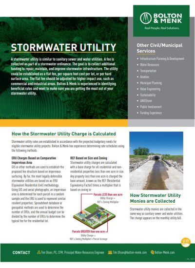 Stormwater Utility flyer from Bolton & Menk explains stormwater utility charges, how they are calculated, and their benefits. Features charts, a map, key headings, contact details, and a list of other civil/municipal services offered.