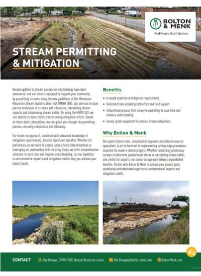 A brochure for Bolton & Menk about Stream Permitting and Mitigation, featuring a photo of a construction site near a stream and two smaller images below showing restored stream banks and grasslands. Text outlines services and benefits.
