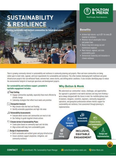 A promotional flyer for Bolton & Menk on sustainability and resilience. It features a photo of people under a pavilion, highlights benefits, showcases a diagram of key sustainability and resilience planning areas, and provides Leslie Brandt, PhD’s contact information.