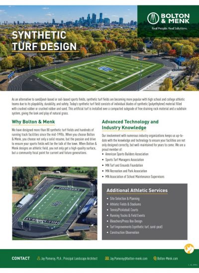 A flyer for Bolton & Menk’s Synthetic Turf Design services shows a cityscape, a stadium with artificial turf, service details, advantages, and contact info for Jay Pomeroy, PLA. Features company branding and a list of specialized service offerings.