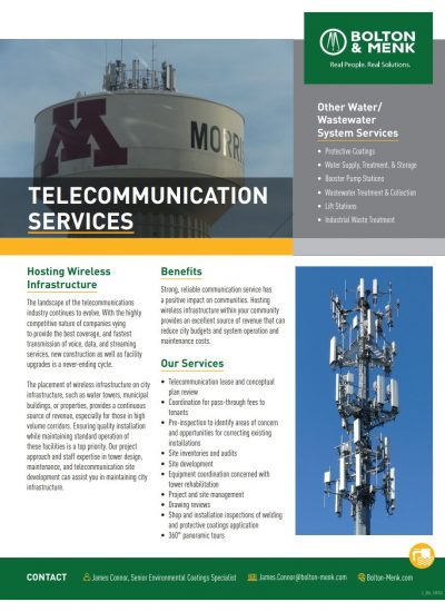 A brochure for Bolton & Menk’s Telecommunication Services, featuring a water tower with the Morris M logo. It highlights wireless infrastructure hosting, key benefits, a range of telecommunication services, and contact info for James Connor.
