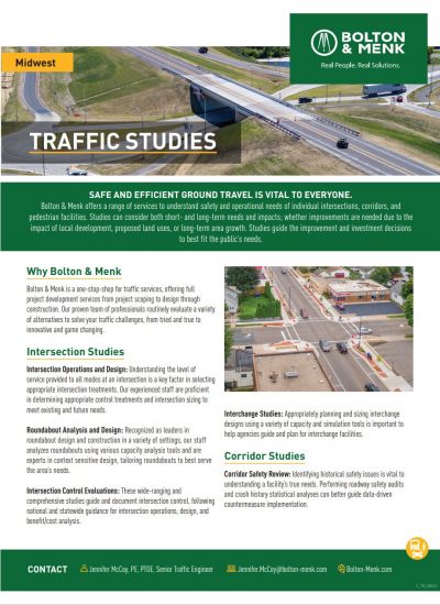 Flyer titled Midwest Traffic Studies by Bolton & Menk, featuring a highway overpass photo, company logo, and sections about intersection, roundabout, interchange, and corridor Traffic Studies, with contact info for Jennifer McCoy.