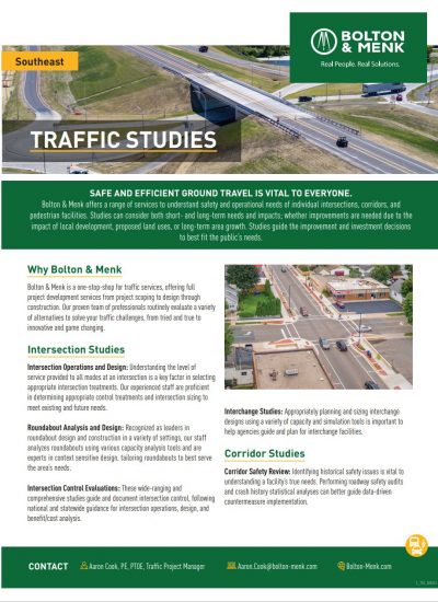 An informational flyer for Bolton & Menk about Southeast Traffic Studies features an aerial view of a highway interchange, cars on roads, and details about intersection studies, roundabout analysis, and other transportation services.
