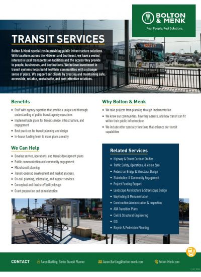 A flyer for Bolton & Menk’s Transit Services features text about their transit benefits, services, related offerings, and contact information. It includes images of a light rail train with structured text in green and blue design elements.