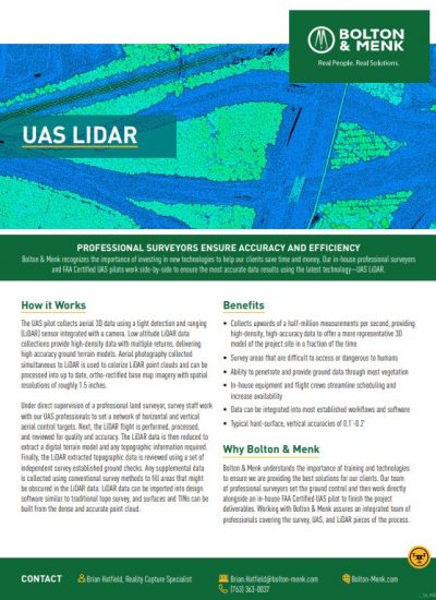 A flyer for Bolton & Menks UAS LiDAR service explains how UAS LiDAR technology works, its key benefits, and company contact info. The top features a blue and green LiDAR map, with content organized using headings and bullet points.