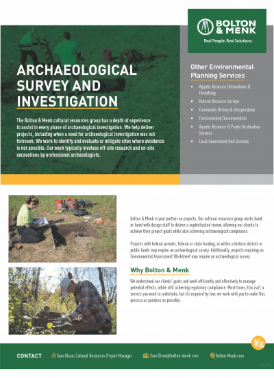 A flyer for Bolton & Menks Archaeological Survey and Investigation services, featuring resource planning, historic investigation, and environmental documentation. Includes contact details, logo, and a green and white color scheme.