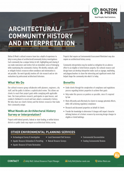 Informational flyer for Bolton & Menk on Architectural Community History Interpretation services, featuring text, a list of services, benefits, contact info, and a background image of a brick building.