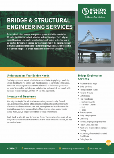A flyer for Bolton & Menk’s Bridge and Structural Engineering Services, detailing offerings like bridge inspection, inventory, design, and construction. The green and white design highlights services, with contact information at the bottom.