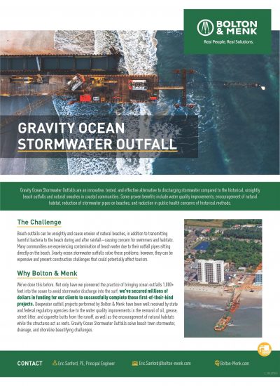 An informational flyer by Bolton & Menk describing a gravity ocean stormwater outfall solution, with text, a construction photo, and company contact info at the bottom. Green and white design elements are featured throughout.