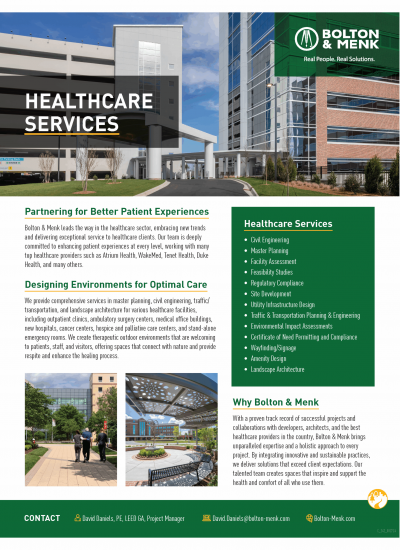Flyer for Bolton & Menk’s Healthcare Services shows a modern hospital building with text about their patient-focused healthcare design, a list of services, a section on designing environments, and company contact details.