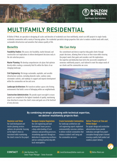 An informational flyer for Bolton & Menk’s Multifamily Residential services, detailing benefits, services offered, and company contacts, with images of Multifamily Residential homes and the Bolton & Menk logo at the top right.
