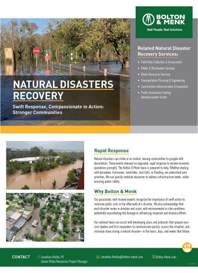 A flyer for Bolton & Menks Natural Disaster Recovery services featuring flood images, a company logo, service list, and brief descriptions of their rapid and compassionate disaster response expertise.